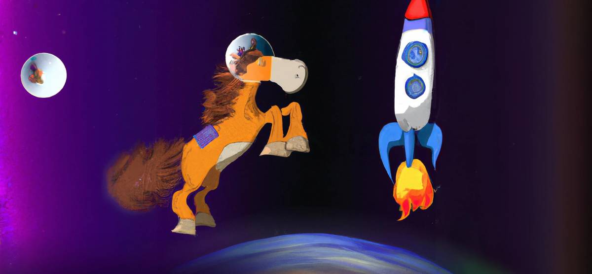 A horse in space with a rocket flying next to it